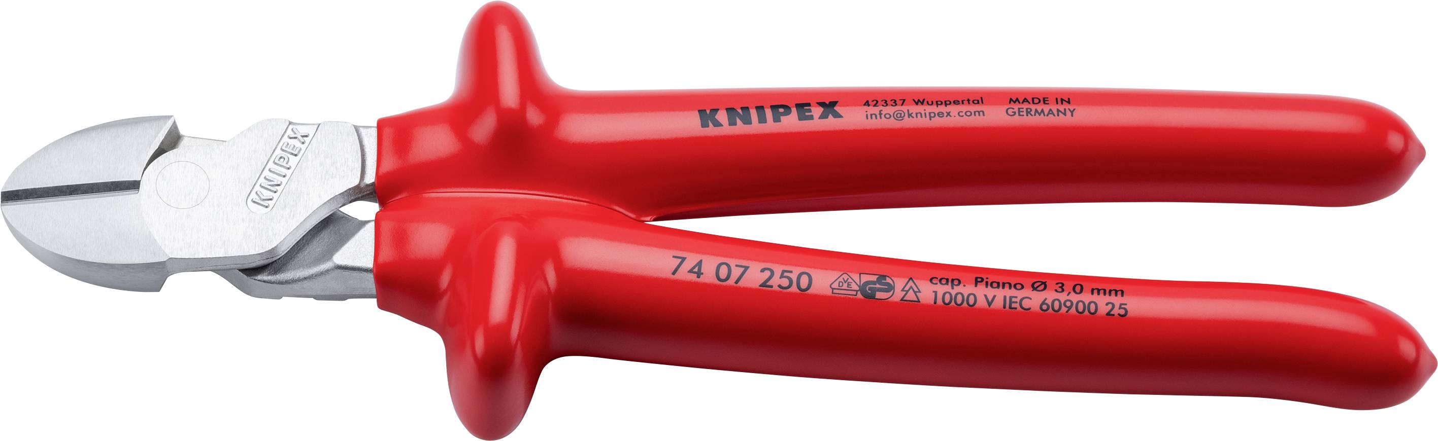 Obcęgi przekrojowe Knipex z czerwoną rękojeścią przedstawione na białym tle.