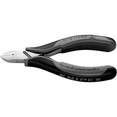 Obcinaczki boczne Knipex z czarną rękojeścią, z napisem 'MADE IN GERMANY', odpowiednie do cięcia przewodów miedzianych i twardego drutu, model 77 12 115 ESD.