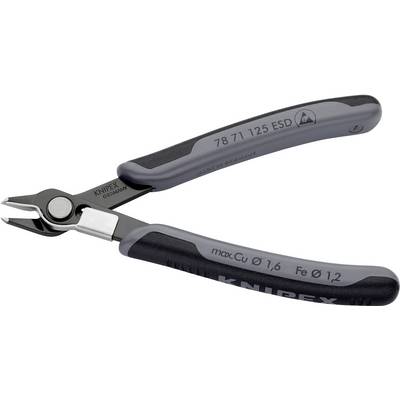 Szczypce z szarym i czarnym uchwytem, oznaczone jako Knipex, odpowiednie do przewodów miedzianych do 1,6 mm i przewodów żelaznych do 1,2 mm.
