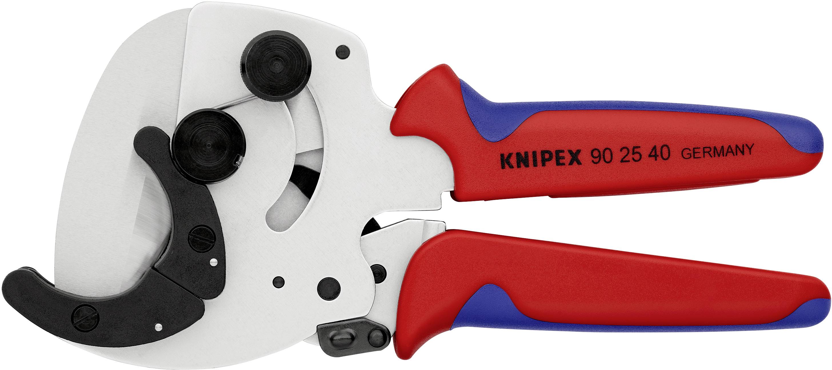 Obcinacz do kabli z czerwonymi i niebieskimi rękojeściami, markowany Knipex, z wydrukowanym numerem modelu 90 25 40, wyprodukowany w Niemczech.