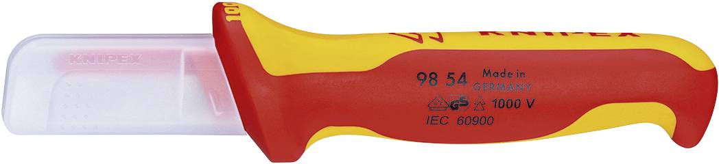 Izolowany uchwyt końcówki kablowej w kolorach czerwonym i żółtym z osłoną ochronną, odpowiedni do prac do 1000V, wyprodukowany w Niemczech.