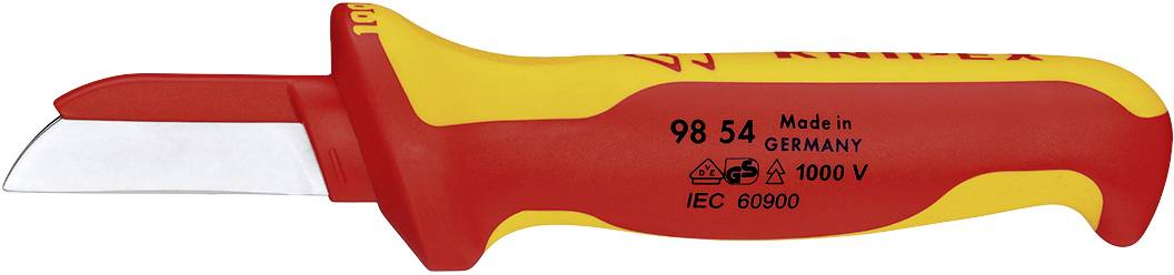 Izolowany nóż z czerwonym i żółtym uchwytem, odpowiedni do napięcia do 1000 V. Napis: 'Made in Germany', 'IEC 60900'.