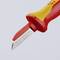 Kolorowy nóż do zdejmowania izolacji z elektrycznym ostrzem, wyposażony w uchwyt ochronny i zakrzywione ostrze, zaprojektowany do bezpiecznego usuwania izolacji z przewodów.