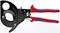 Czerwone i niebieskie nożyce do cięcia kabli z czarnym ostrzem, odpowiednie do cięcia kabli miedzanych i aluminiowych o średnicy do 52 mm.