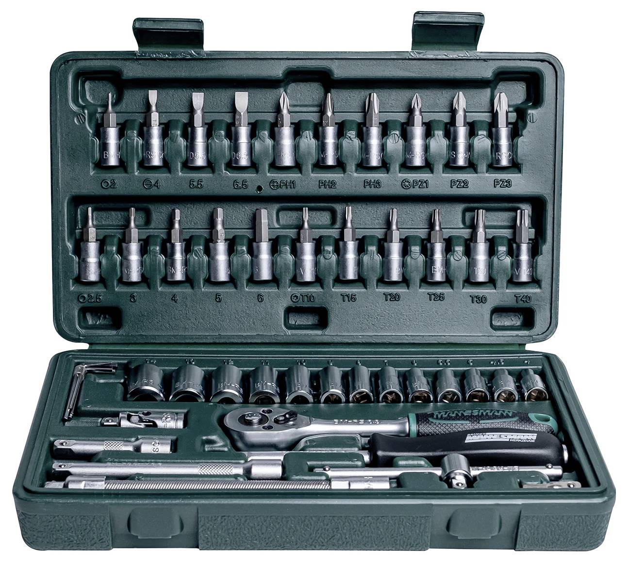 Otwarty zielony skrzynka narzędziowa z różnymi kluczami nasadowymi, bitami i grzechotką.