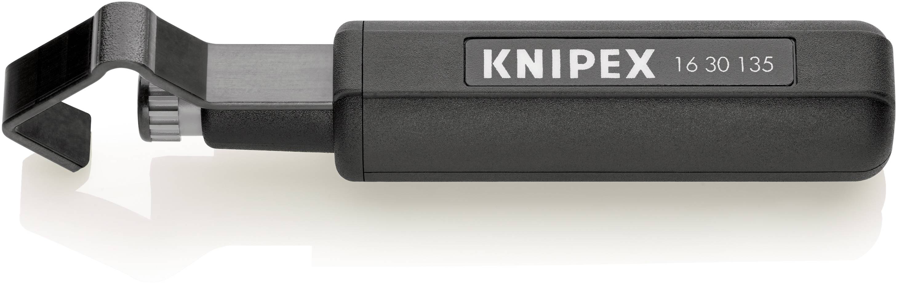 Ściągacz do kabli Knipex, model 16 30 135, wykonany z czarnego tworzywa sztucznego z metalowym ostrzem, przeznaczony do zdejmowania izolacji z przewodów.