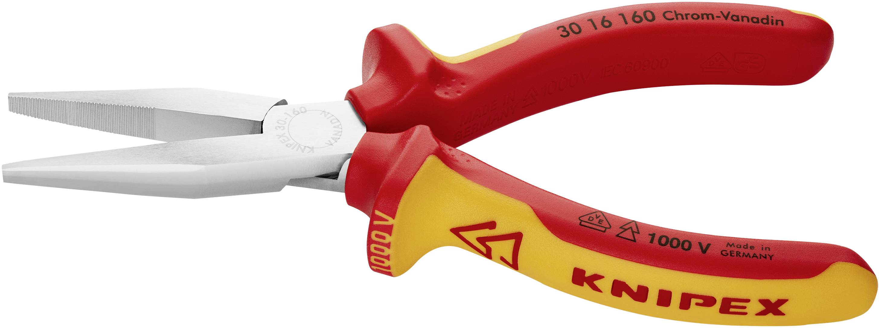 Плоскогубці з прямими плоскими губками VDE, хром-ванадієва електротехнічна сталь, 160 мм, Knipex 30 16 160