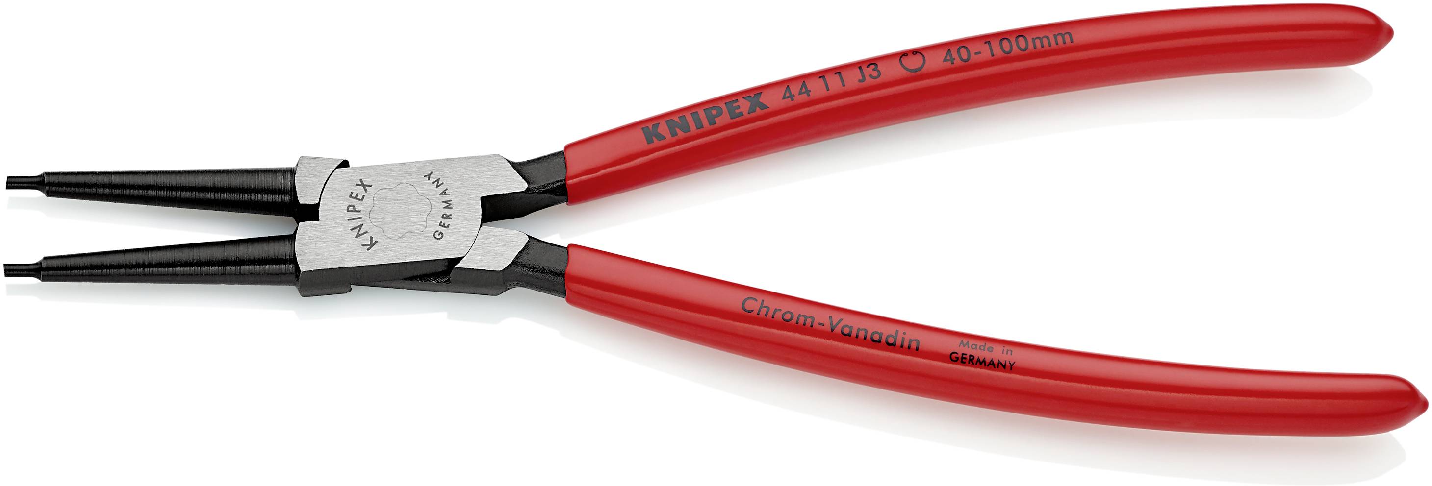 Czerwone szczypce Knipex wykonane ze stali chromowo-wanadowej. Numer modelu 4111P3, odpowiednie dla zakresu 40 do 100 mm. Narzędzie do prac precyzyjnych.