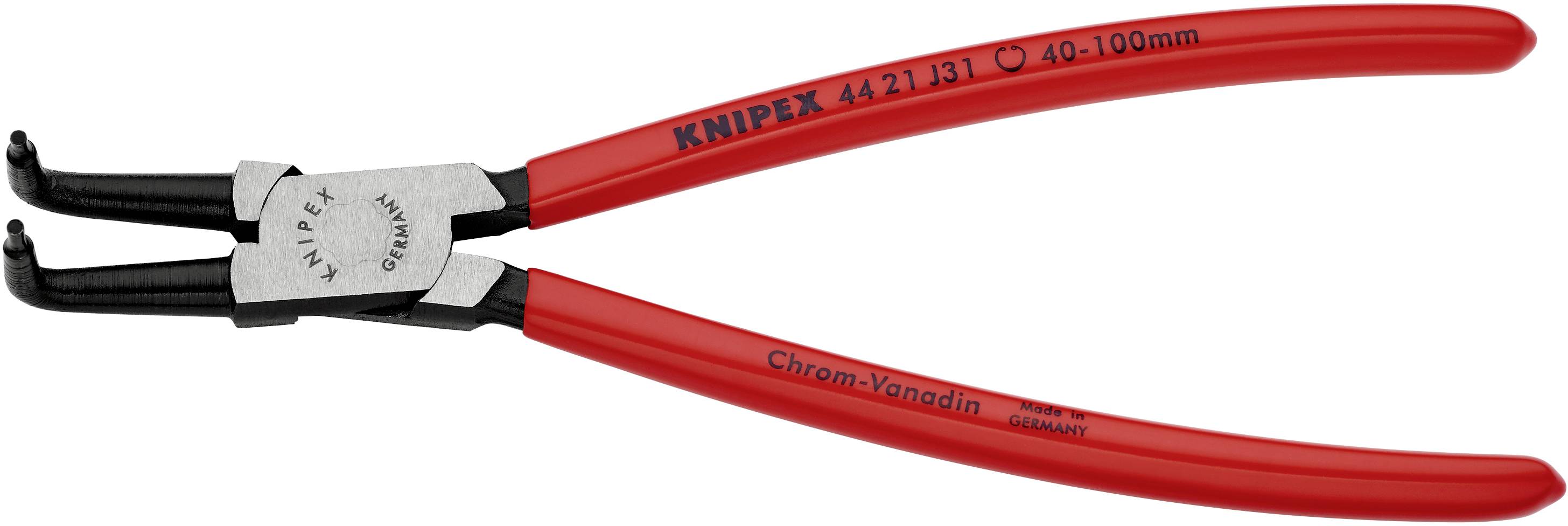 Szczypce do pierścieni osadczych Knipex, model 44 21 J31, do pierścieni o rozmiarze 40-100 mm. Wykonane ze stali chromowo-wanadowej.