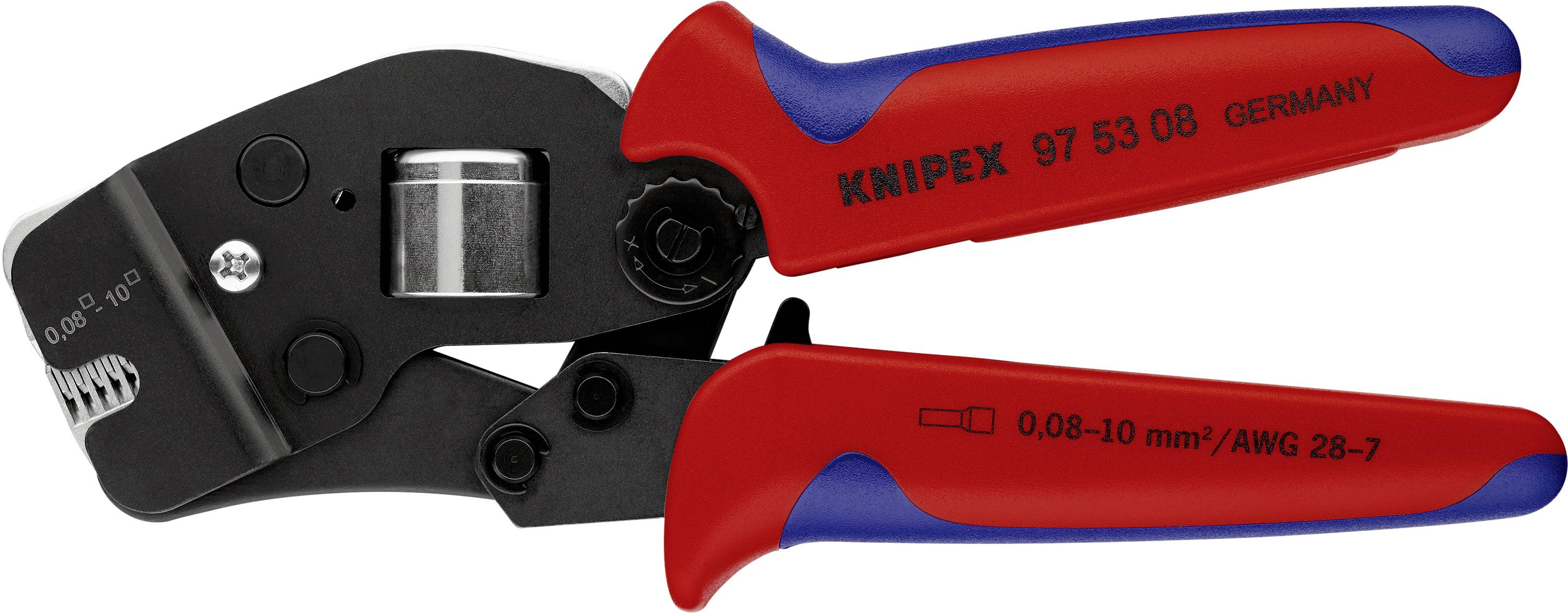 Czerwone szczypce zaciskowe Knipex z niebieskimi akcentami i napisem 'KNIPEX 97 53 08 GERMANY', przeznaczone do kabli o przekroju 0,08-10 mm².