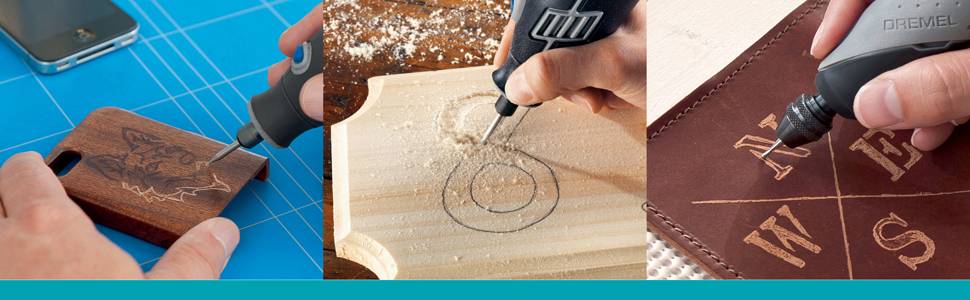 Trzy zdjęcia przedstawiają ręczne grawerowanie wielofunkcyjnym narzędziem: zdobienie drewna, wzór kołowy w drewnie oraz tłoczenie skóry.