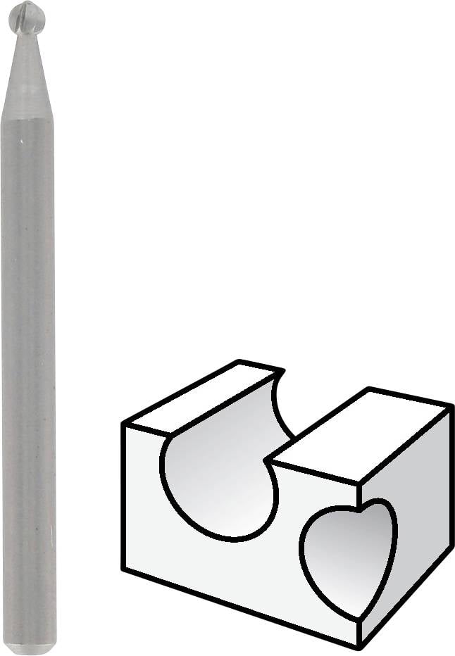 Cylindryczne narzędzie ze sferycznym czubkiem obok bloku z okrągłym i sercowatym wycięciem.