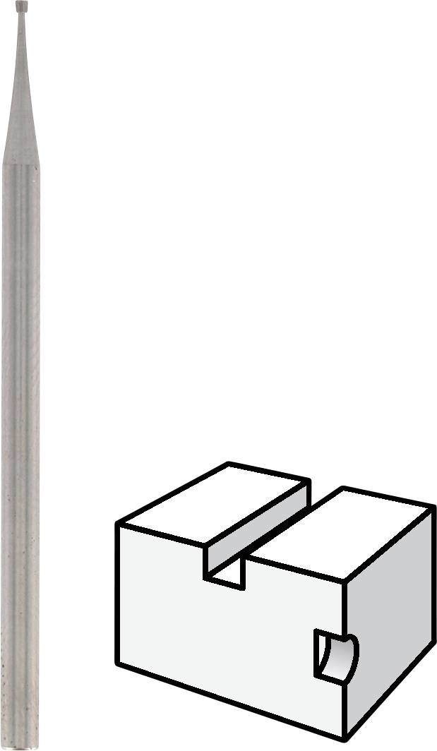 Cienki, długi wiertarz metalowy po lewej stronie technicznego rysunku prostokątnego elementu z rowkami i otworami.