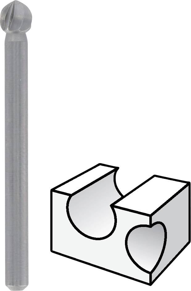 Metalowy frez obok diagramu przedstawiającego kształt frezowania. Diagram ilustruje wgłębienie w kształcie serca oraz zaokrąglenie boczne.