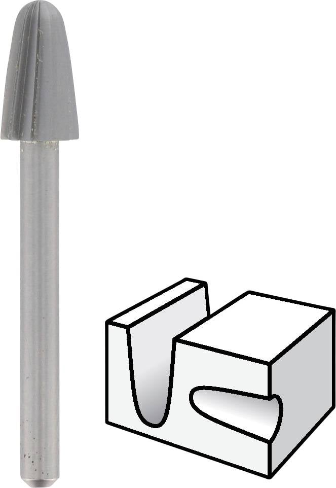 Frez cylindryczny z szarą głowicą stożkową; obok znajduje się rysunek techniczny przedstawiający kształt przekroju kanału wklęsłego oraz zagłębienia.