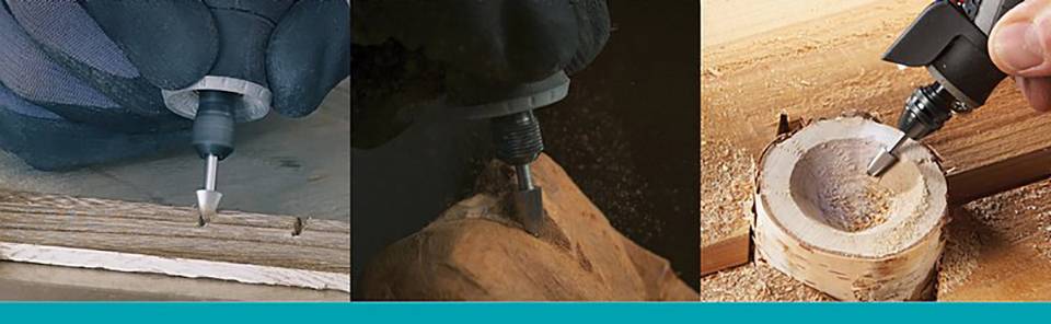 'Trzy zdjęcia przedstawiają użycie wielofunkcyjnego narzędzia podczas frezowania drewna. Zilustrowane zostały różne kształty i techniki.'