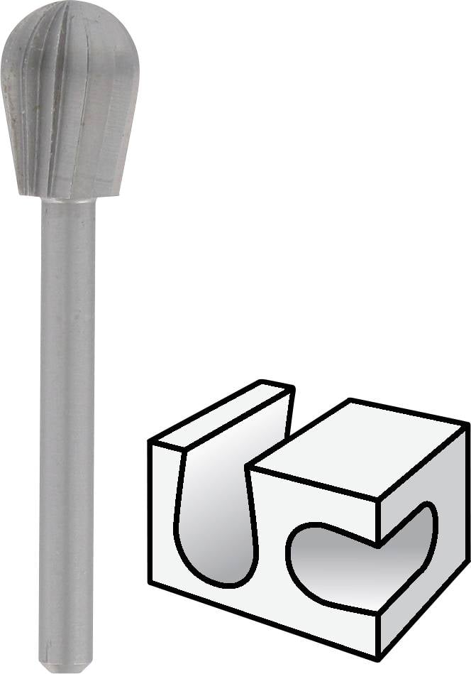 Szara frezarka z nożem w kształcie kopuły, umieszczona obok graficznego przedstawienia wyfrezowywanego, zaokąglonego rowka i kształtu.