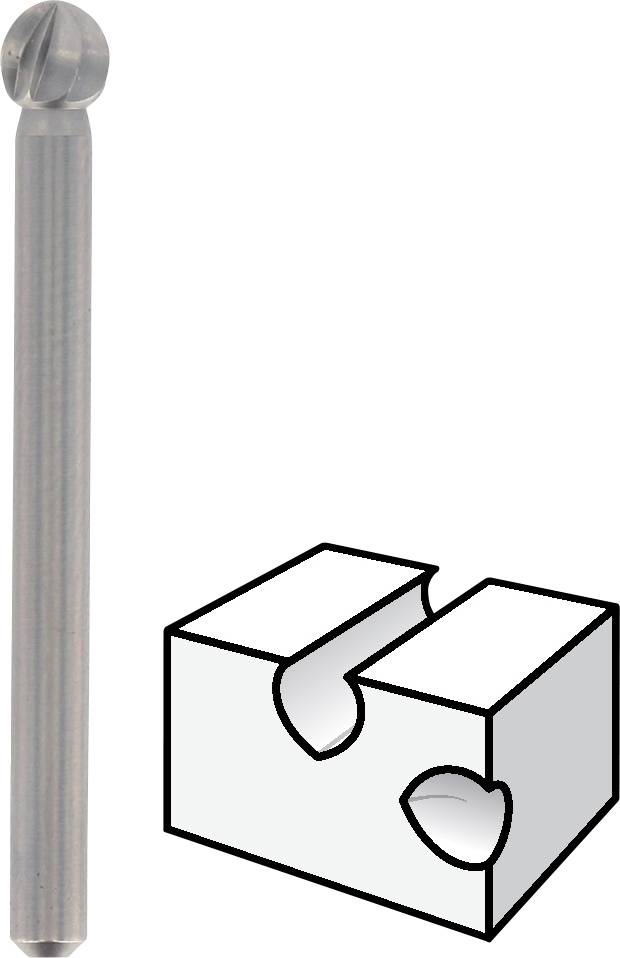 Frez z końcówką kulistą obok schematycznego rysunku rowka, ilustrujący możliwości jego zastosowania.