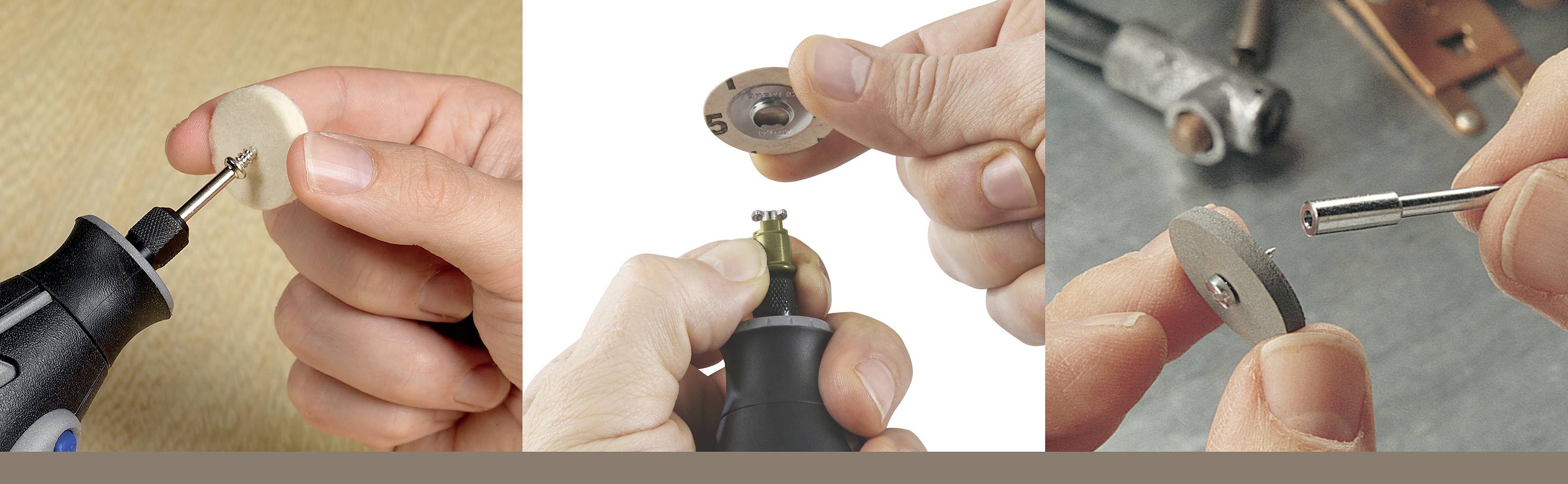 Trzy zdjęcia przedstawiają różne etapy montażu piły tarczowej na wielofunkcyjnym narzędziu. Ręce trzymają narzędzie i brzeszczot.