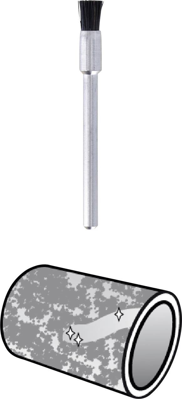 Symbol nasadki metalowej szczotki i 'przewodu czyszczącego'. Nasadkę można włożyć do przewodu, który jest płukany.