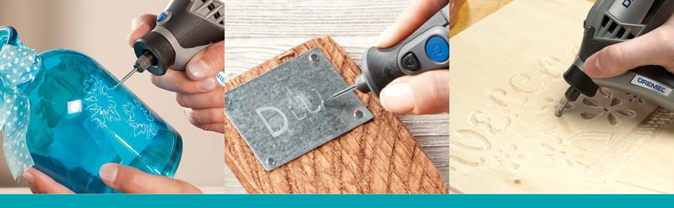 'Trzy obrazy przedstawiają grawerowane prace wykonane ręcznym narzędziem. Po lewej stronie szklanka ze śnieżynkami, w środku metalowa etykieta z napisem "Ty...", po prawej stronie dekoracja drewniana.'