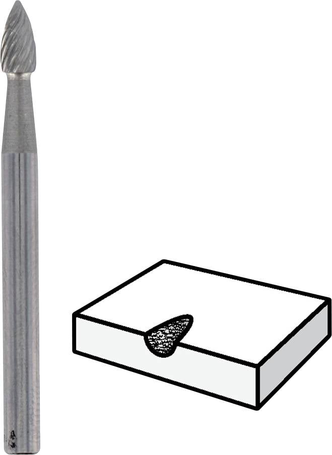 'Frez w opakowaniu z celulozy': Cylindryczny frez z ząbkowanym końcem obok prostokątnego kartonu z wycięciem na frez.