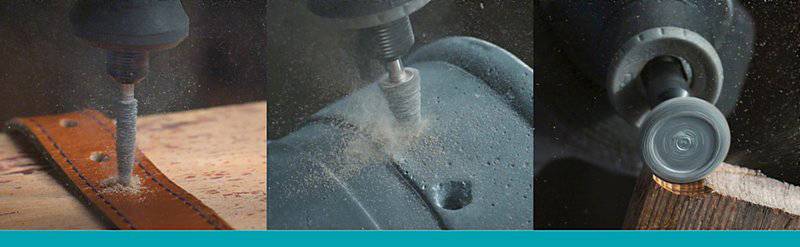 Trzy obrazy przedstawiają różne procesy obróbki: wiercenie w skórze, cięcie metalu i szlifowanie drewna.