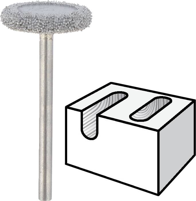 Obracające się narzędzie szlifierskie o chropowatej powierzchni obok rysunku przedstawiającego wgłębienie powstałe w bloku.