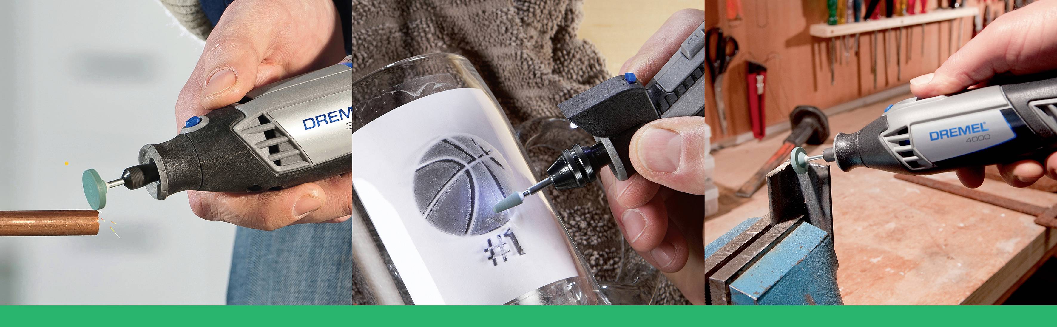 Trzy zdjęcia przedstawiają ręczną wiertarkę Dremel. Po lewej: cięcie rury miedzianej, w środku: grawerowanie szkła, po prawej: szlifowanie przy warsztacie.