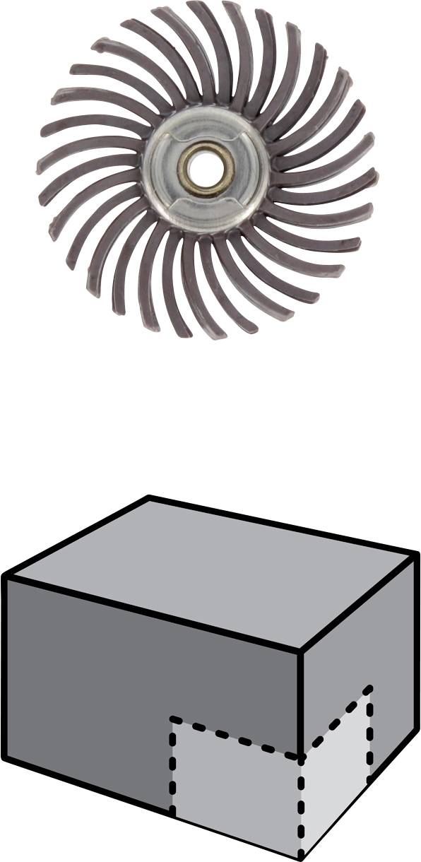Okrągłe narzędzie szlifierskie nad trójwymiarowym diagramem blokowym z zaznaczoną narożną częścią do obróbki lub modyfikacji.