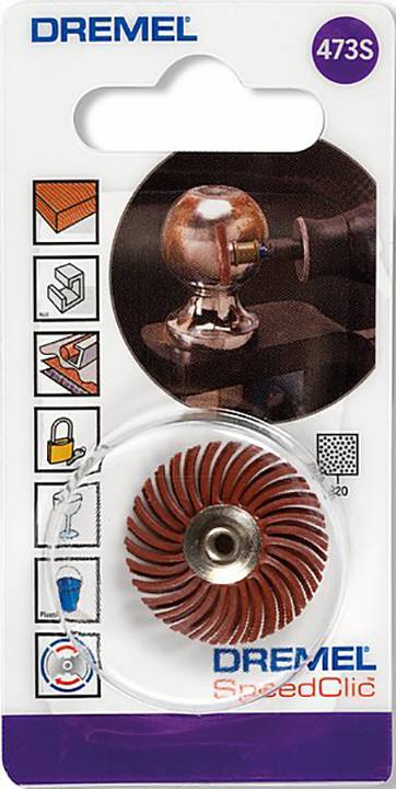 Opakowanie przedstawia nakładkę do szlifowania 'Dremel 473S SpeedClic'. Grafiki po prawej stronie ilustrują zastosowanie do polerowania metalu.