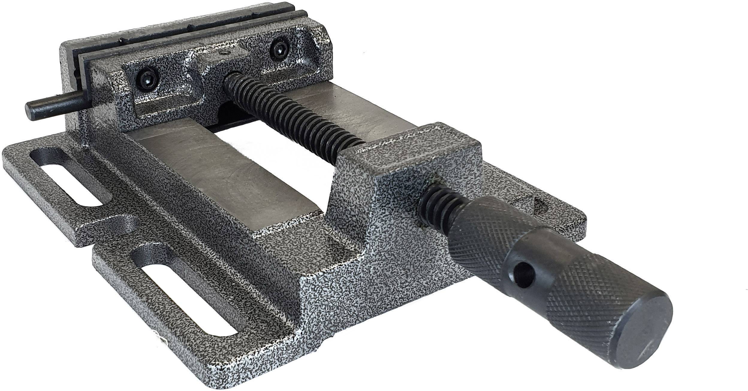 Srebrne imadło śrubowe z pokrętłem. Posiada dwie równoległe szczęki, które można zsuwać, obracając mechanizmem zaciskowym.