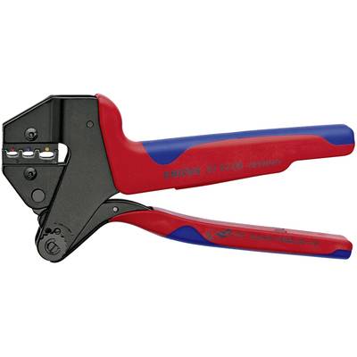 Szczypce do zaciskania końcówek firmy Knipex, model 97 43 06, w kolorach czerwonym i niebieskim, przeznaczone do końcówek kablowych o przekroju od 0,5 do 16 mm².