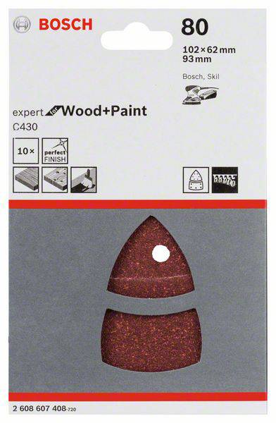 Arkusz papieru ściernego Bosch, odpowiedni do drewna i farby, ziarnistość 80. Zawiera 10 arkuszy, zapewnia doskonałe wykończenie powierzchni.