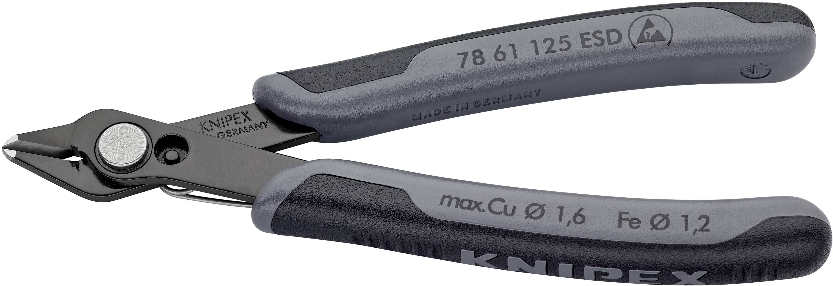 Szczypce boczne Knipex w kolorze czarnym i szarym, odpowiednie do precyzyjnego cięcia przewodów miedzanych i żelaznych.