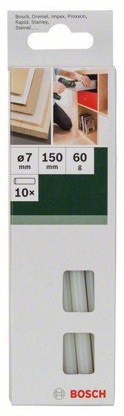 Opakowanie klejowych wkładów Bosch, zawiera 10 białych wkładów, średnica 7 mm, długość 150 mm, całkowita waga 60 g. Zdjęcia powyżej przedstawiają przykłady zastosowań.
