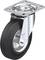 Rolka obrotowa z czarną gumową oponą, błyszczącą metalową obudową i prostokątną płytką montażową; odpowiednia do mebli lub urządzeń transportowych.