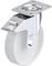 Rolka skrętna wykonana z metalu i tworzywa sztucznego z płytką mocującą, łożyskiem kulkowym i białym kołem, odpowiednia do mebli lub urządzeń.