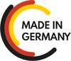 Logo z napisem 'Made in Germany', otoczony falistymi liniami w kolorach czarnym, czerwonym i złotym, przedstawiającymi flagę niemiecką.