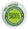 Logo z napisem 'Pro Nature', pokazujące 50% materiałów recyklingowych z surowców odnawialnych. Tło w odcieniach zieleni.
