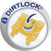 Okrągły przycisk z szarą ramką, logo 'DIRTLOCK®' u góry. Żółty symbol zamknięcia pośrodku, niebieski strzałka wskazuje na niego.