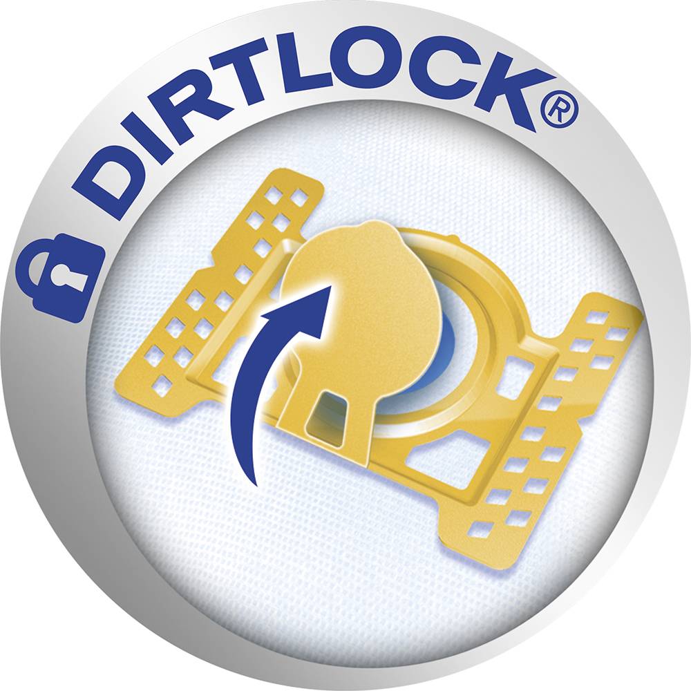 Logo 'DIRTLOCK' przedstawia żółtą część z tworzywa sztucznego z oznaczeniem strzałki.