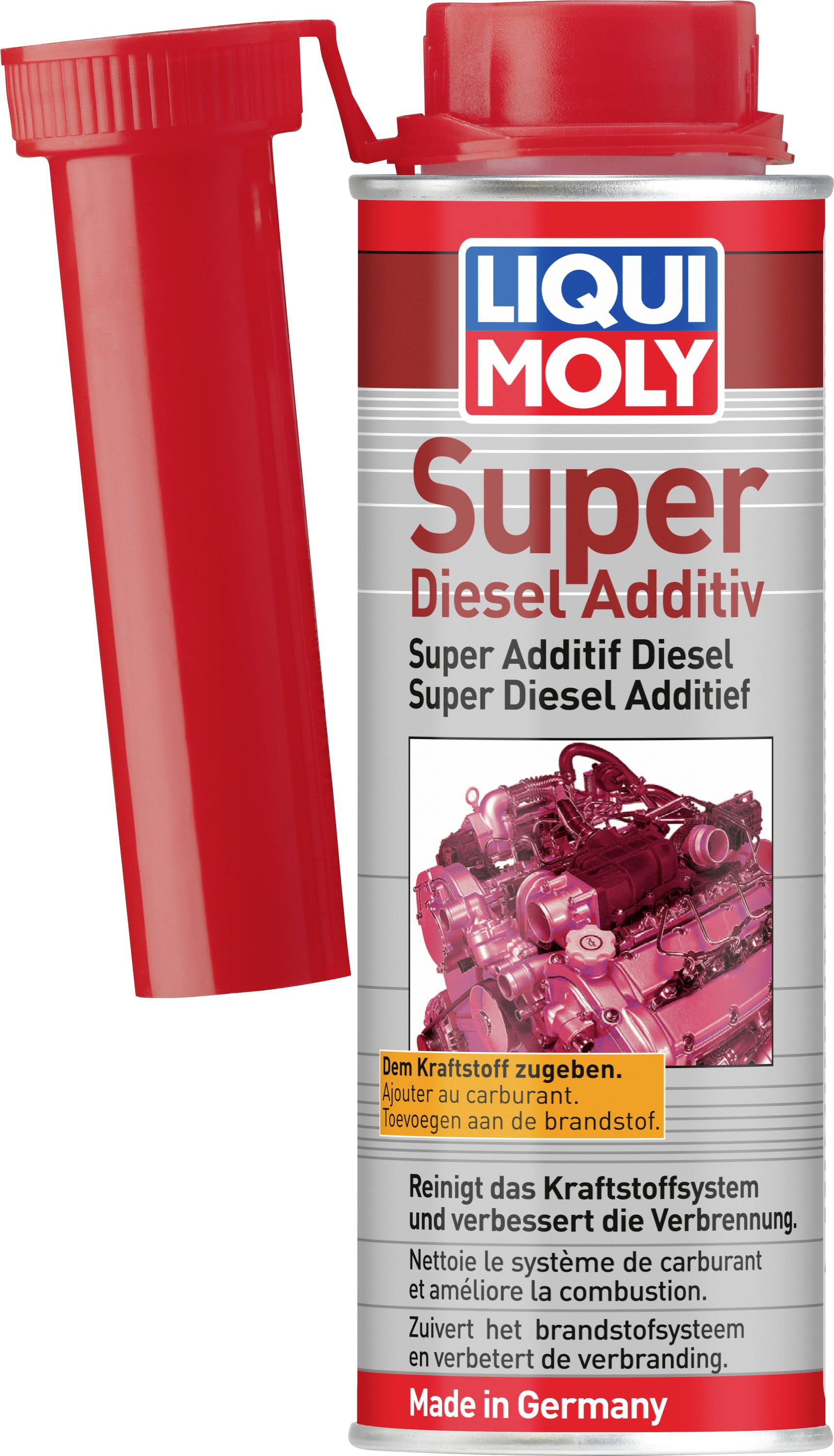LIQUI MOLY Super Diesel Additiv puszka z czerwoną pokrywką i przedłużeniem pokrywki, etykietowana w języku niemieckim, francuskim i holenderskim, do dodawania do paliwa diesla i poprawy spalania.