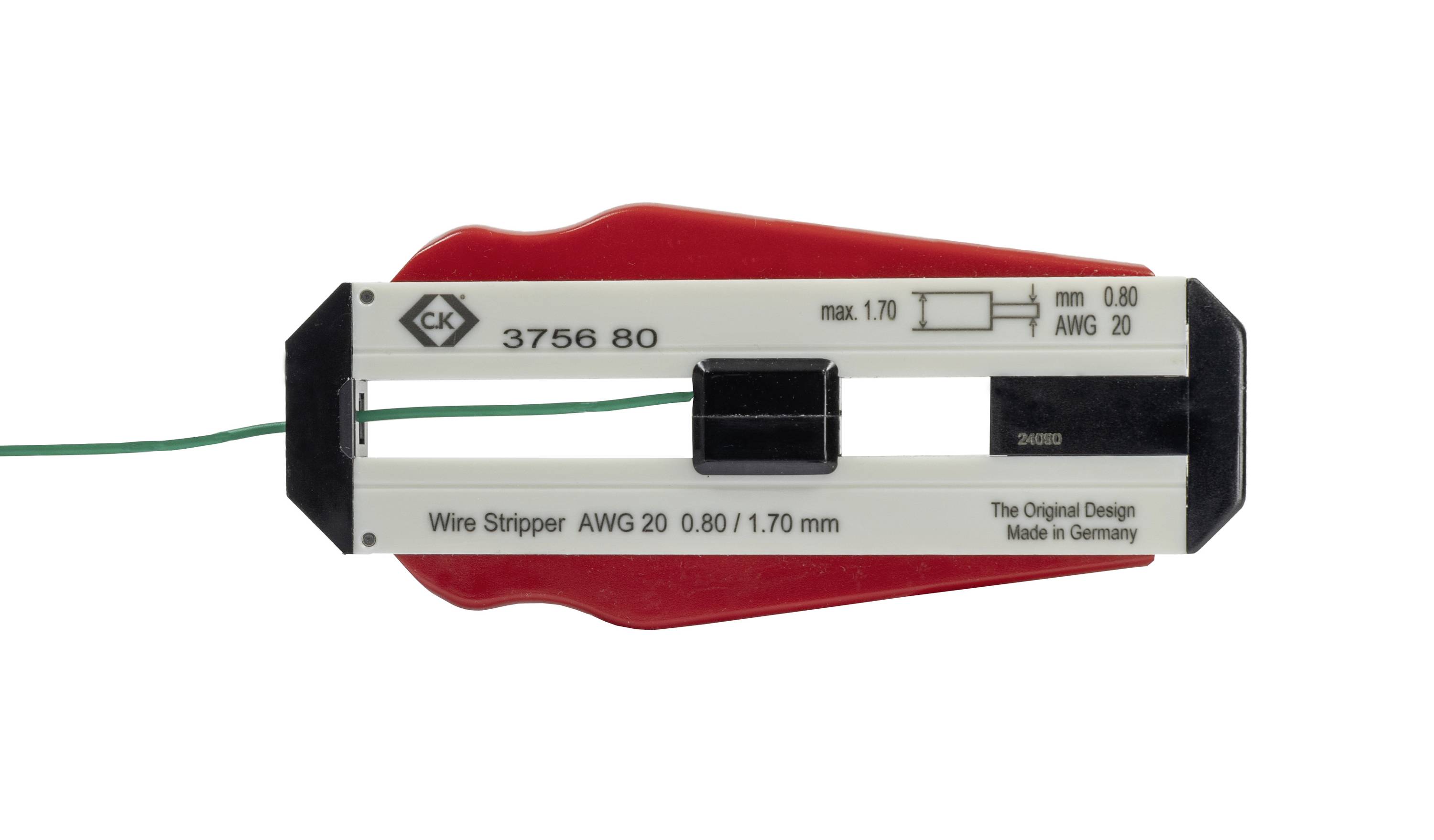 Szczypce do ściągania izolacji z podziałką do rozmiaru kabla, pokazujące 'maks. 1,70 mm, AWG 20'. Czerwony i biały kolor, widoczna nazwa produktu 'Wire Stripper'.