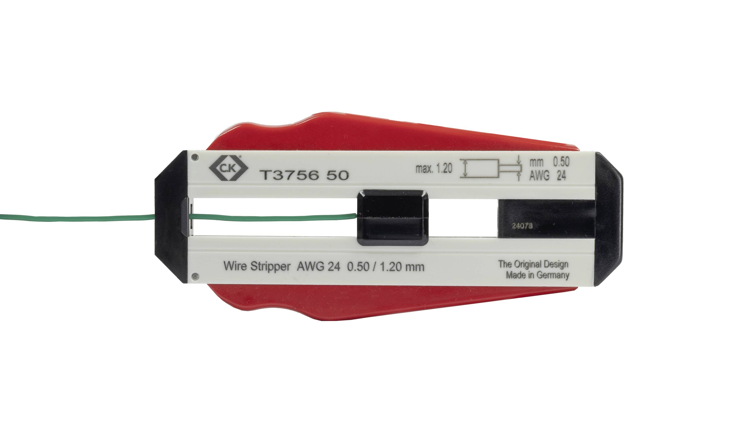 Szczypce do ściągania izolacji z napisem 'T3756 50', odpowiednie dla AWG 24. Średnica przewodu 0,50/1,20 mm, maks. 1,20 mm. Wyprodukowane w Niemczech.