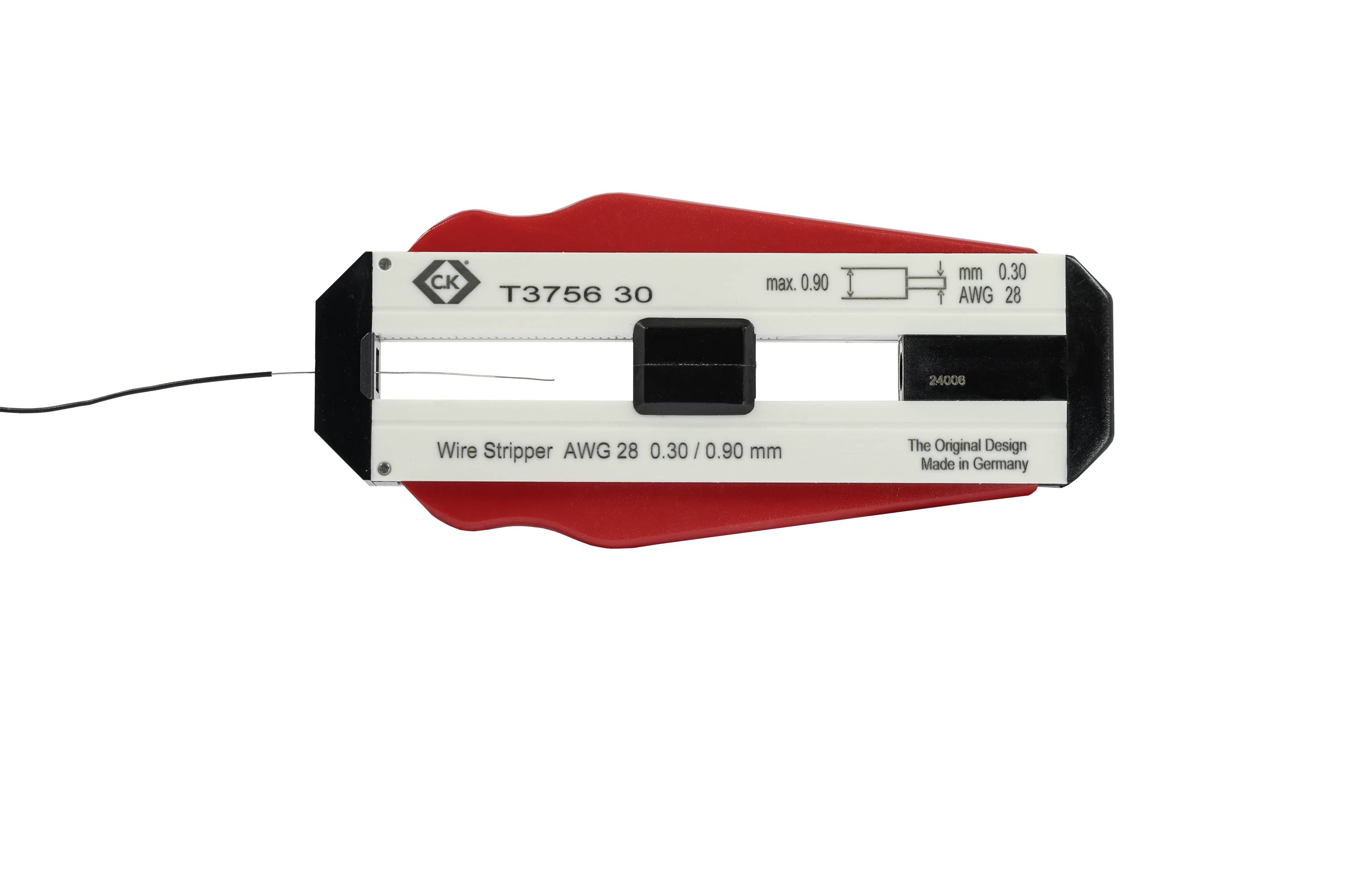 Ściągacz izolacji z drutu o oznaczeniu 'T3756 30'. Odpowiedni dla przewodów o średnicy 0,30 mm i AWG 28. Wyprodukowany w Niemczech.