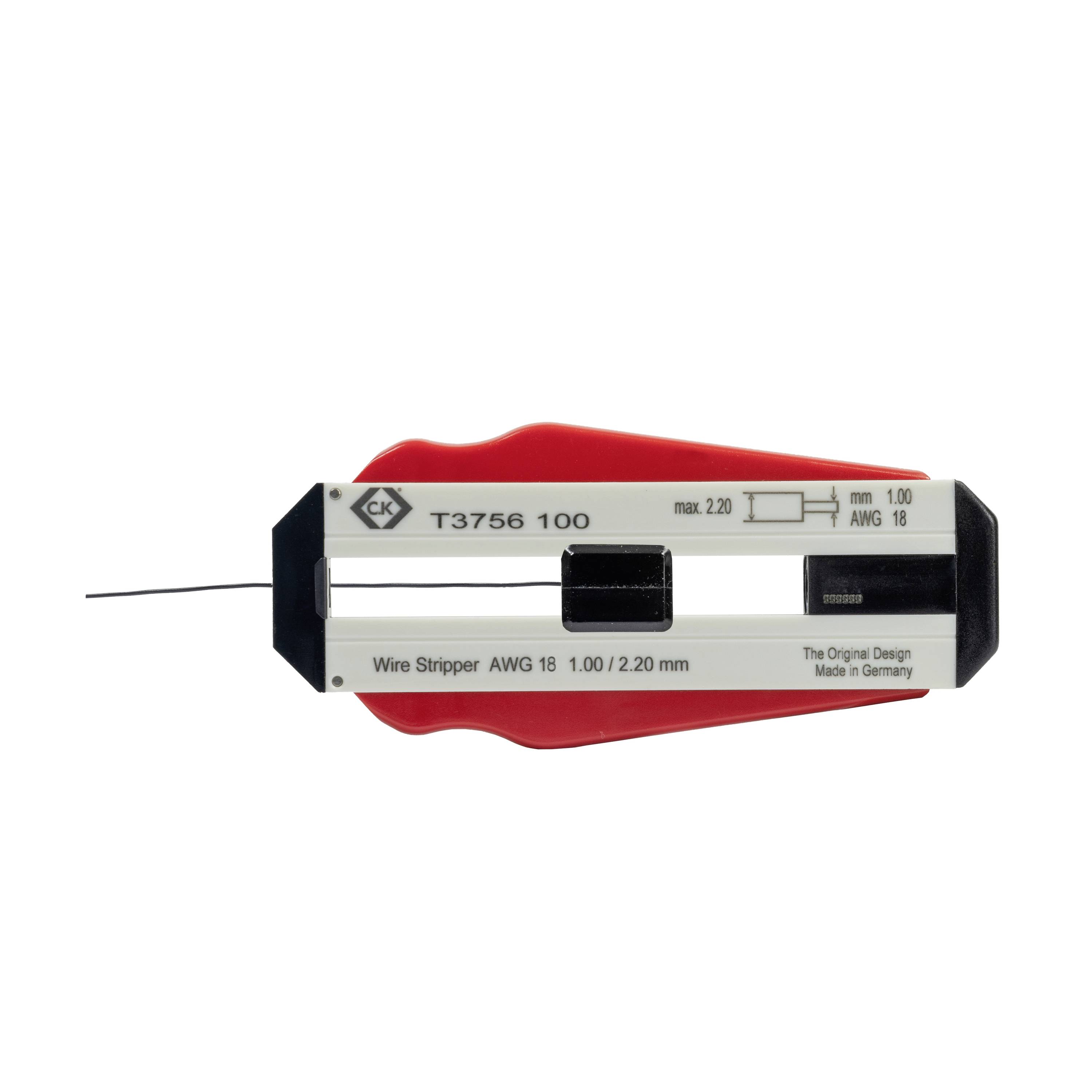 Szczypce do zdejmowania izolacji z przewodów z czerwonymi uchwytami, oznaczone 'T3756 100'. Odpowiednie dla przewodów 1,00/2,20 mm, AWG 18. Wyprodukowane w Niemczech.