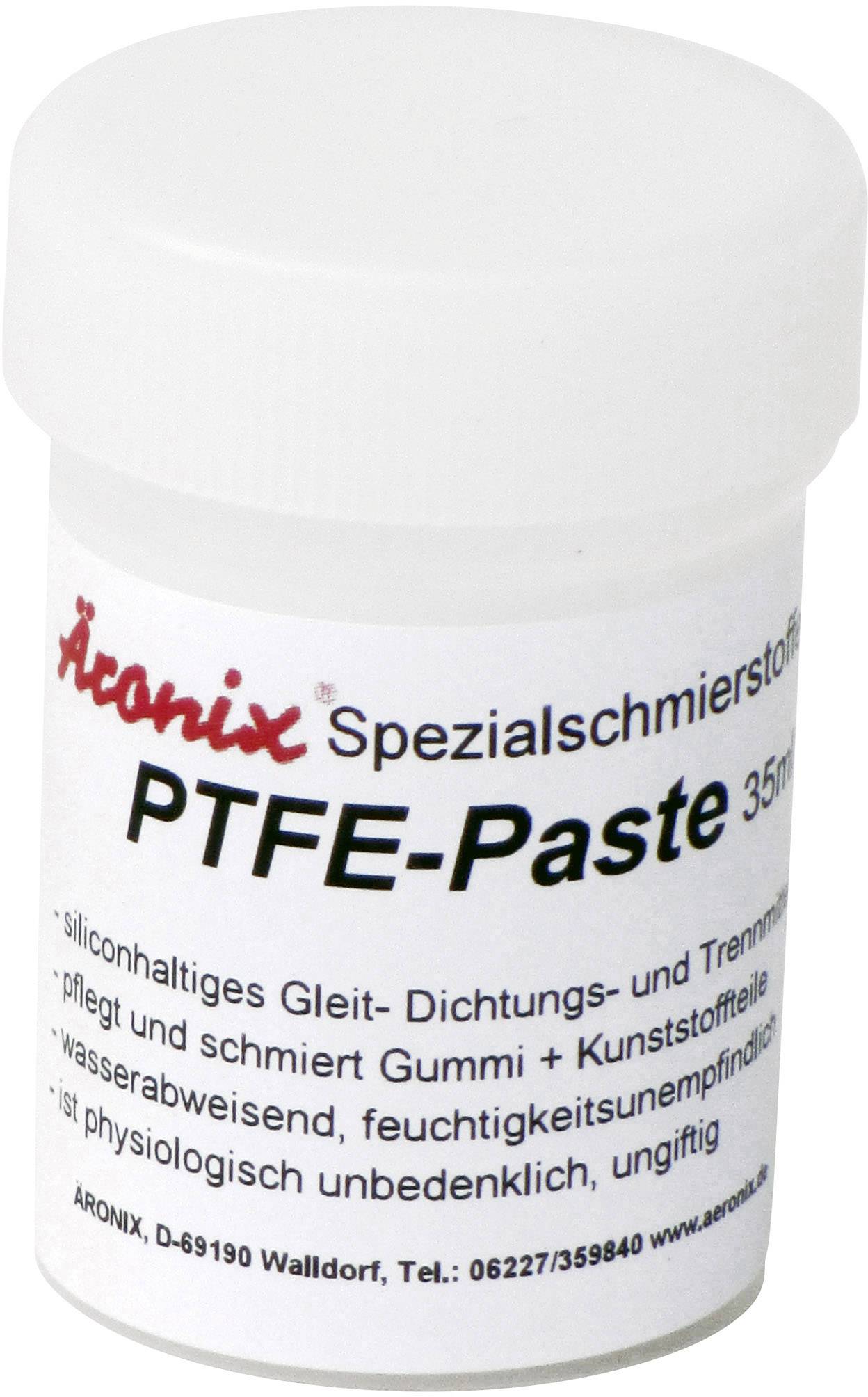 Plastikowy pojemnik z napisem 'Specjalny smar - pasta PTFE 35ml'. Obiecuje pielęgnację i smarowanie gumy i tworzyw sztucznych.