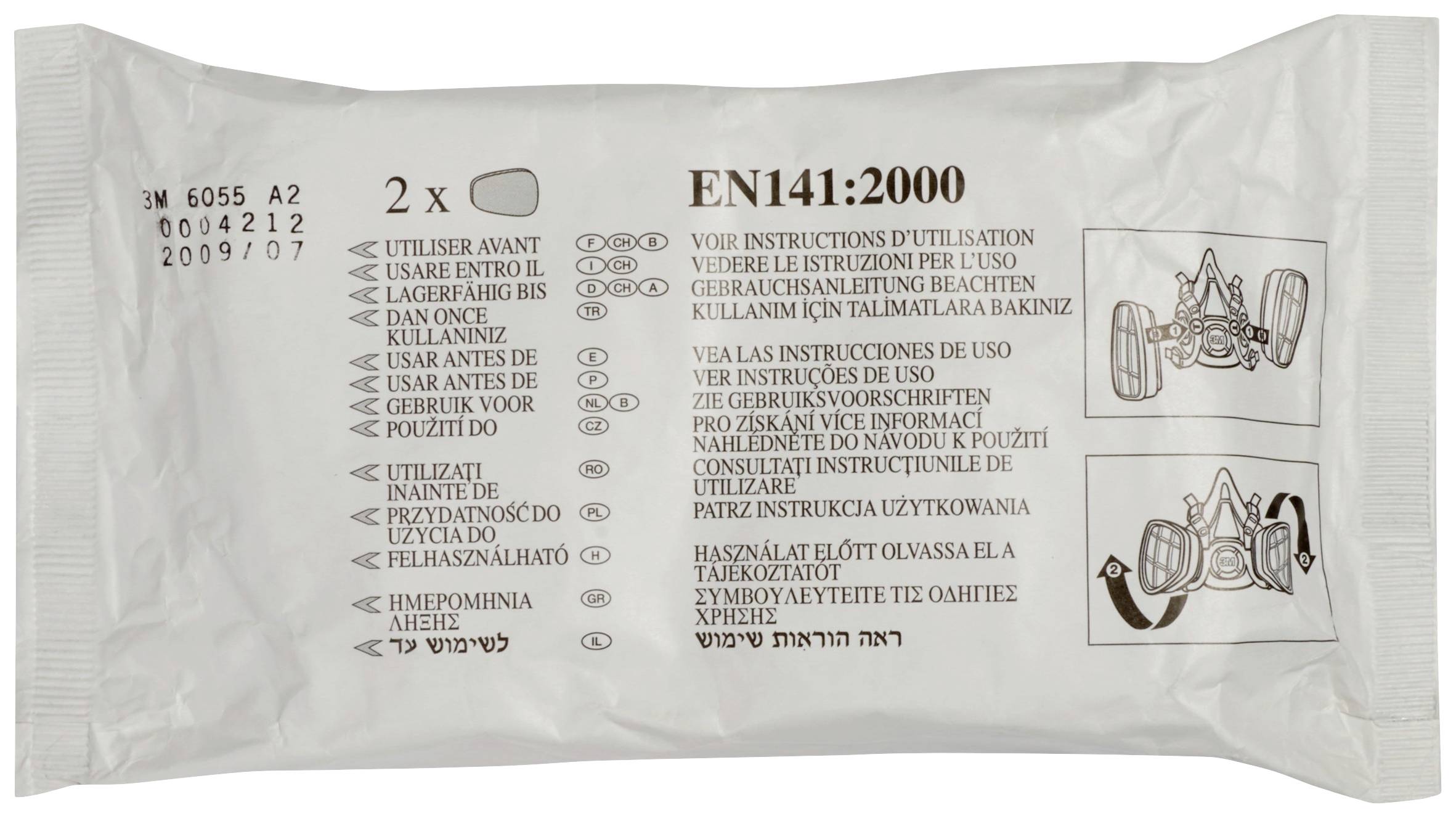 Opakowanie filtra ochrony dróg oddechowych z instrukcjami użycia w kilku językach. Zawiera oznaczenie EN141:2000 oraz ilustracje.
