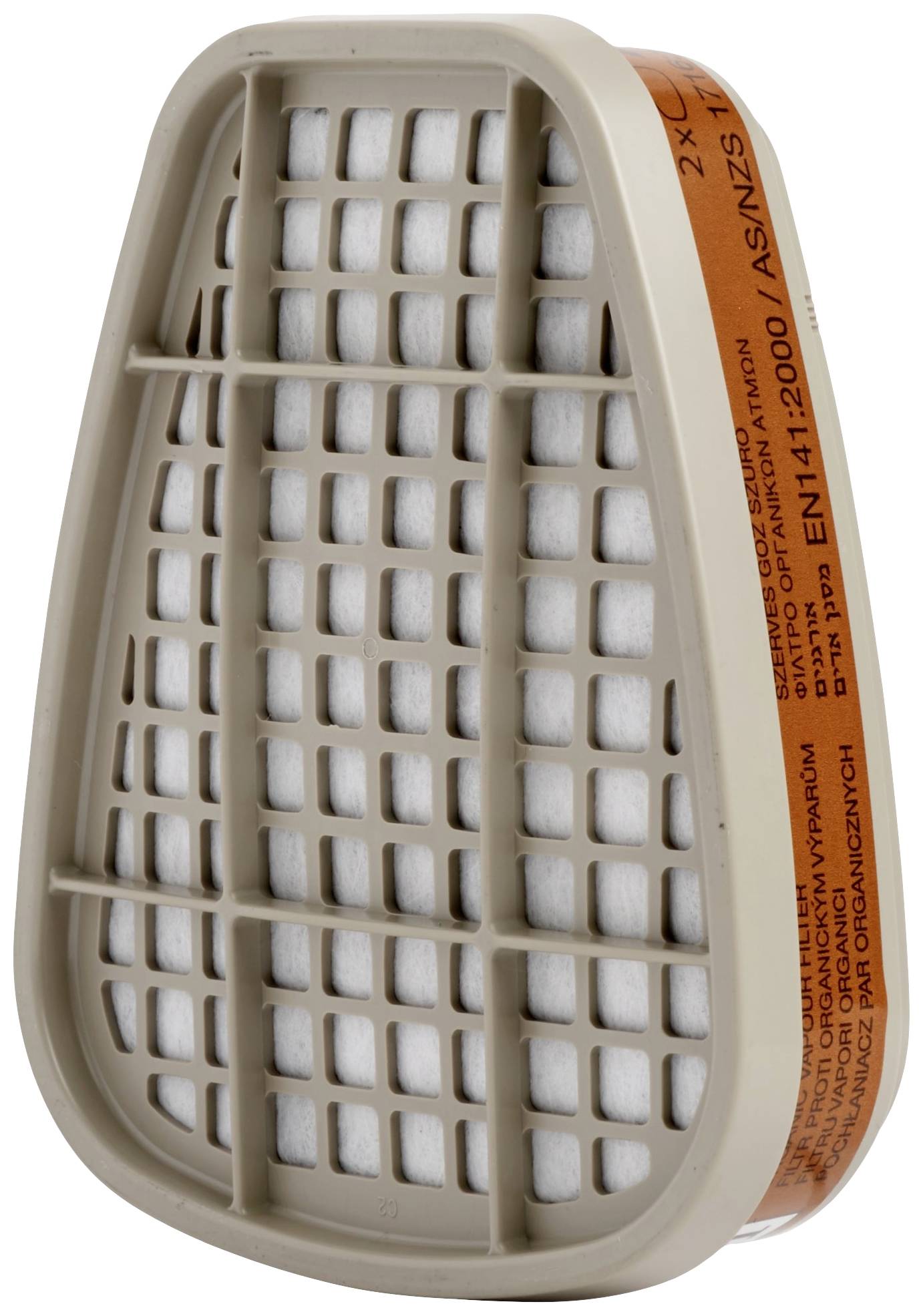 Filtr ochronny do aparatów oddechowych z pomarańczowym oznaczeniem z boku, o kształcie prostokątnym z zaokrąglonymi krawędziami, przeznaczony do masek ochronnych.